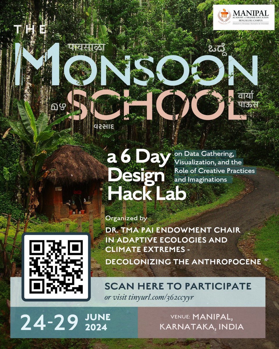 DeeptaSateesh's tweet image. I am happy to announce The Monsoon School to be held in June 2024, in Manipal! A 6-day design hack lab exploring the possibilities of creative practices and research in monsoonal terrain. 

Registrations are now open! For more please scan the QR code.

@mahe_bengaluru