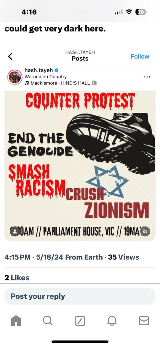 Nothing says “Smash Racism” like an SS Nazi boot stomping on a Star of David. The failed burger flipper who falsely accused Jews of burning down his store and caused violent riots in Caulfield where Jews were attacked and a synagogue was evacuated, is now promoting this