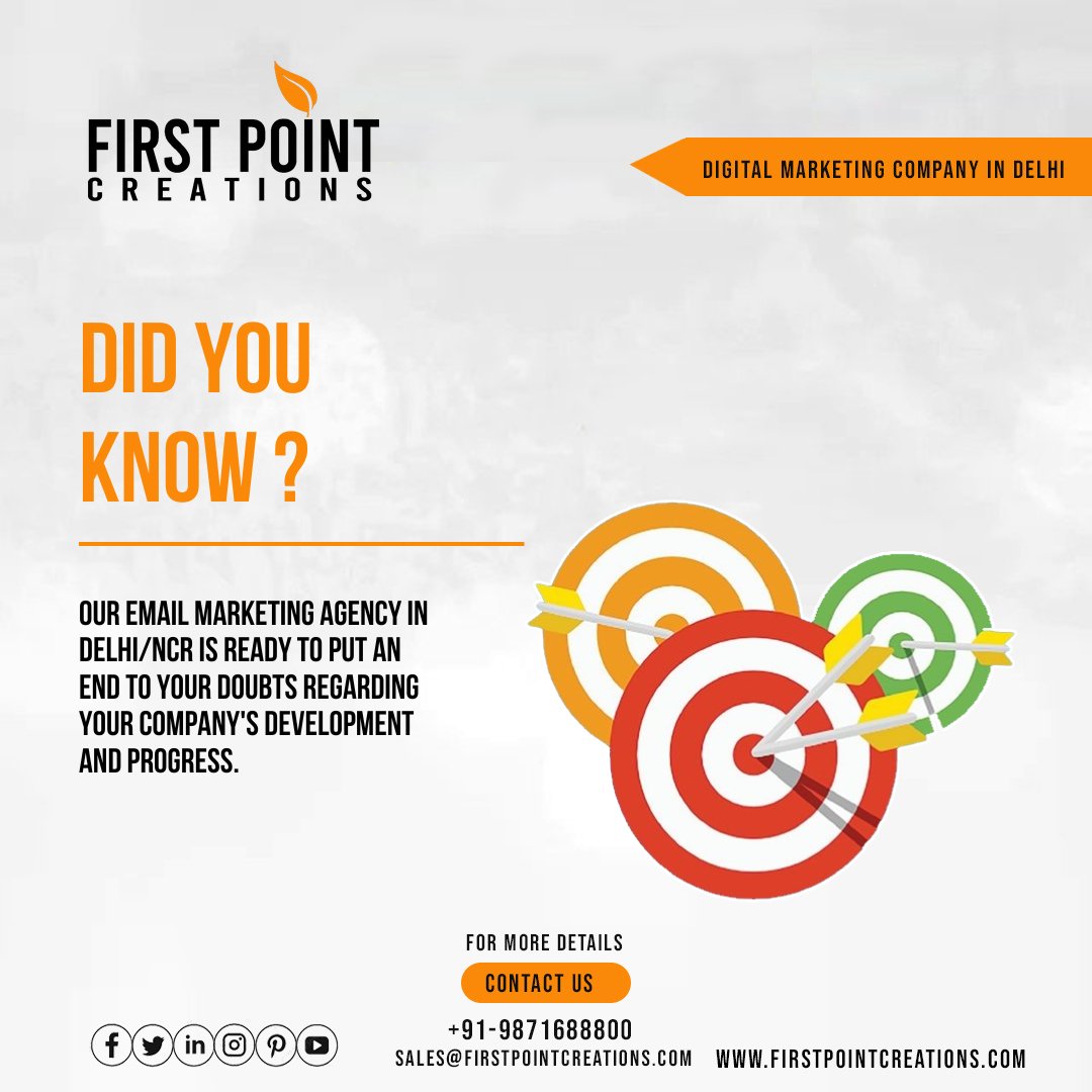 Our email marketing agency in Delhi/NCR is ready to put an end to your doubts regarding your company's development and progress. . FOLLOW US @firstpointcreations Contact Details: ☎ +91 9871688800 🌐 firstpointcreations.com 📧 Email: sales@firstpointcreations.com #didyouknow #fpc