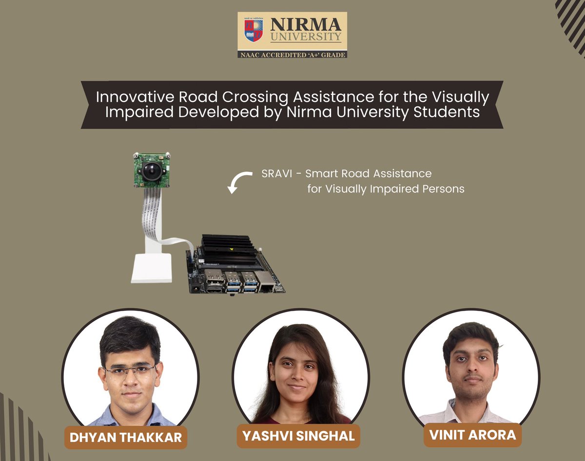 Introducing SRAVI - Smart Road Assistance for Visually Impaired Persons, a groundbreaking project developed by Nirma Uni's Students. Revolutionising road crossing for the visually impaired. #NirmaUniversity #SRAVI #Innovation #VisuallyImpaired #Empowerment #Technology #NirmaUni