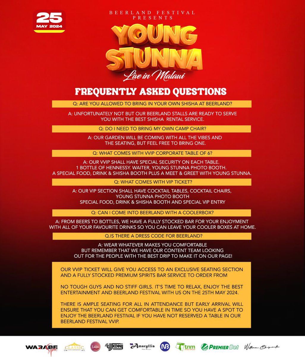 FAQ

#BeerlandYoungStunna 
#YoungStunnaLiveInMalawi 
#YoungStunnaMalawi