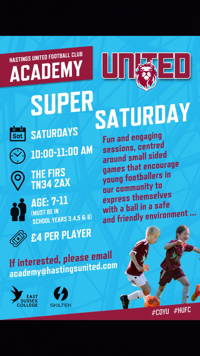 S𝐔P𝐄R S𝐀T𝐔R𝐃A𝐘 Calling all Boys and Girls aged 7 to 11 We would like to invite you to join the Hastings United 'Super Saturday' Programme 📅 Every Saturday ⏰ 10am 📍 The Firs, TN34 2AX 📧 academy@hastingsunited.com #HUFCAcademy #SuperSaturday #WinnersDoMore