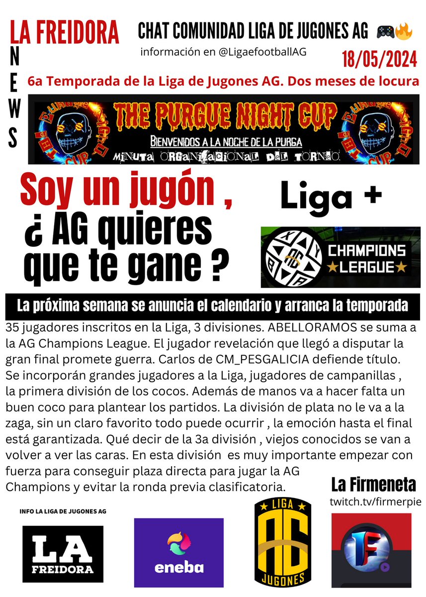 En cuestión de días arranca la nueva temporada de la Liga de Jugones AG.
#Efootball2024 @LigaefootballAG 
#ThisIsLaLigaAG  <a href="/cm_pesgalicia/">CM_PESGALICIA</a> <a href="/rodrigoarana100/">Rodrigo</a> <a href="/jitotorrejon/">Juanjo</a> <a href="/portyrbb/">portyrbb🐺</a> <a href="/txemabutrera/">Txemabutrera</a> <a href="/adrianruizfz/">Adrián Ruiz</a> <a href="/josueiba05/">Josu</a> <a href="/lobatoabel/">Abel Lobato Ramos</a> <a href="/TopBarbucias/">Alan Maxuay</a> <a href="/RubioWan1984/">Rubio Wan</a> <a href="/casgolf8/">CASGOLF</a> <a href="/fearbzr/">Fernando Arocena FE4rBzR*</a>