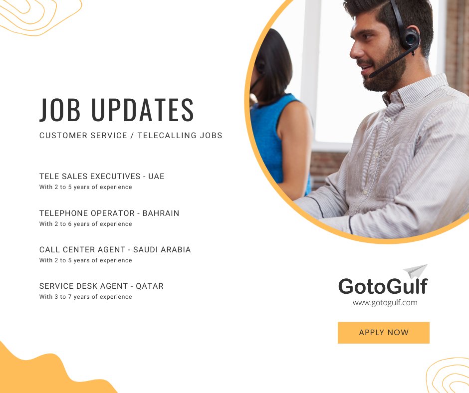 Click on the below link to apply for the job vacancies,
gotogulf.com/PublicSearchVi…

#gotogulf #jobs #middleeast #jobseeker #recruitment #telecalling #customer #service #telesales #executive #telephone #operator #callcenter #agent #servicedesk #uae #qatar #saudiarabia #bahrain
