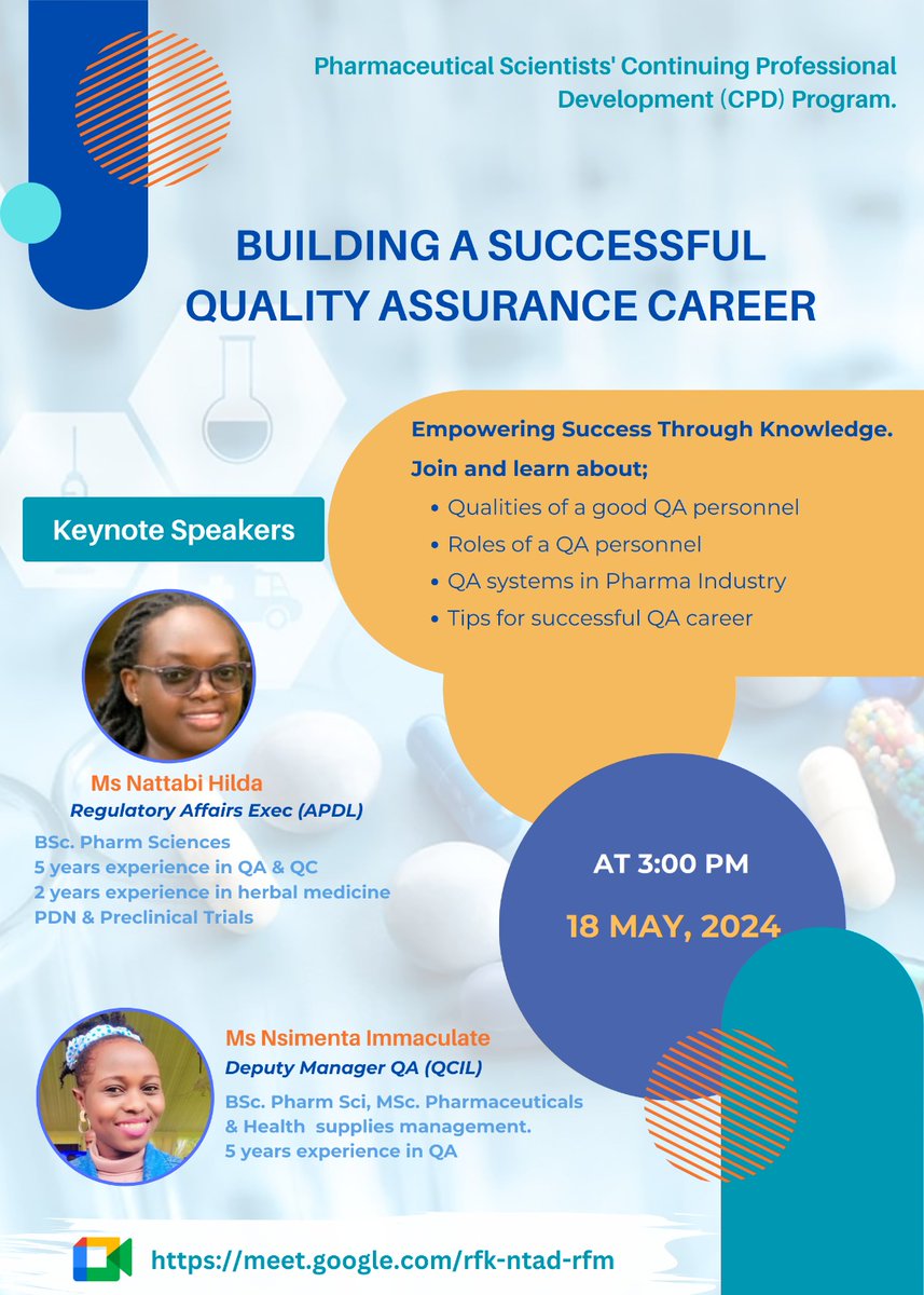 Tune in today 18th May at 3:00 pm where Ms Nattabi Hilda from <a href="/AbacusPharmaLtd/">Abacus Pharma (A) Limited</a> and Ms Nsimenta Immaculate from <a href="/CiplaQcil/">CiplaQcil</a> will be sharing  insights on how to build a successful Quality Assurance Career 👌 
meet.google.com/rfk-ntad-rfm
See you there 👏