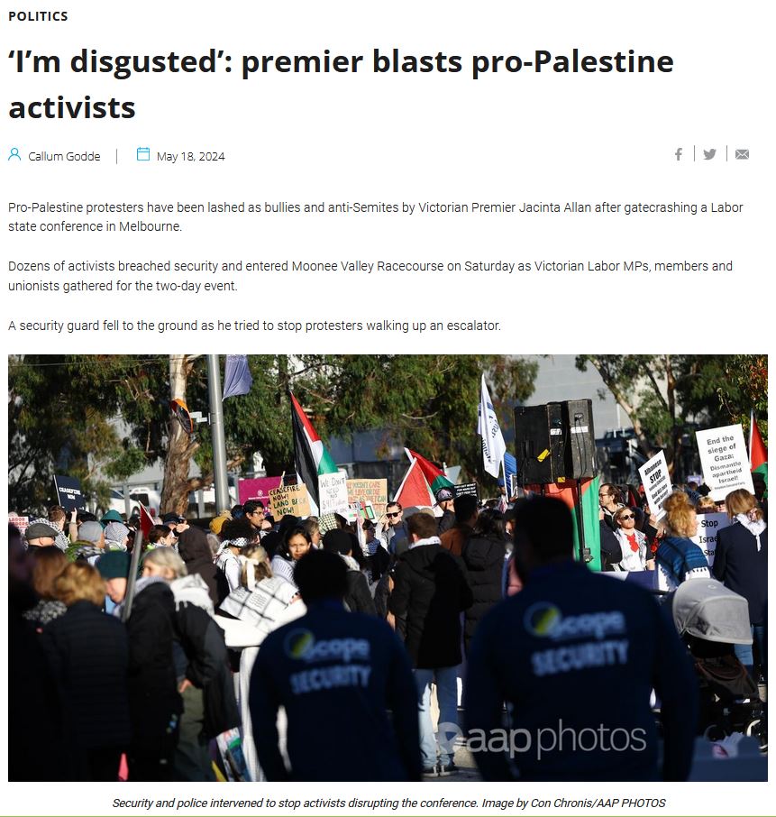 ‘I’m disgusted’: premier blasts pro-Palestine activists aap.com.au/news/premier-p… They then starting banging on the locked conference room doors and chanting during the memoriam section, following the deaths of former Labor leader Simon Crean, Dunkley MP Peta Murphy and Senator
