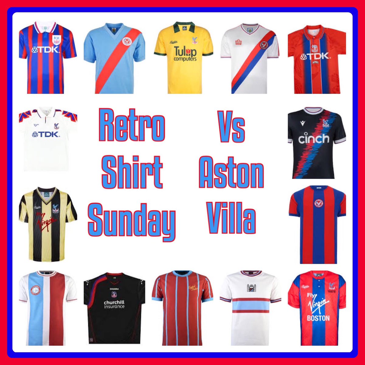 Villa at home 2morw is going to be Retro Shirt Sunday Just abit of fun and a way to show off your favourite retro #cpfc shirts whilst adding colour to Selhurst Park ❤️💙 Please spread the word RT welcome #upthepalace #uptheretro #uptheflags