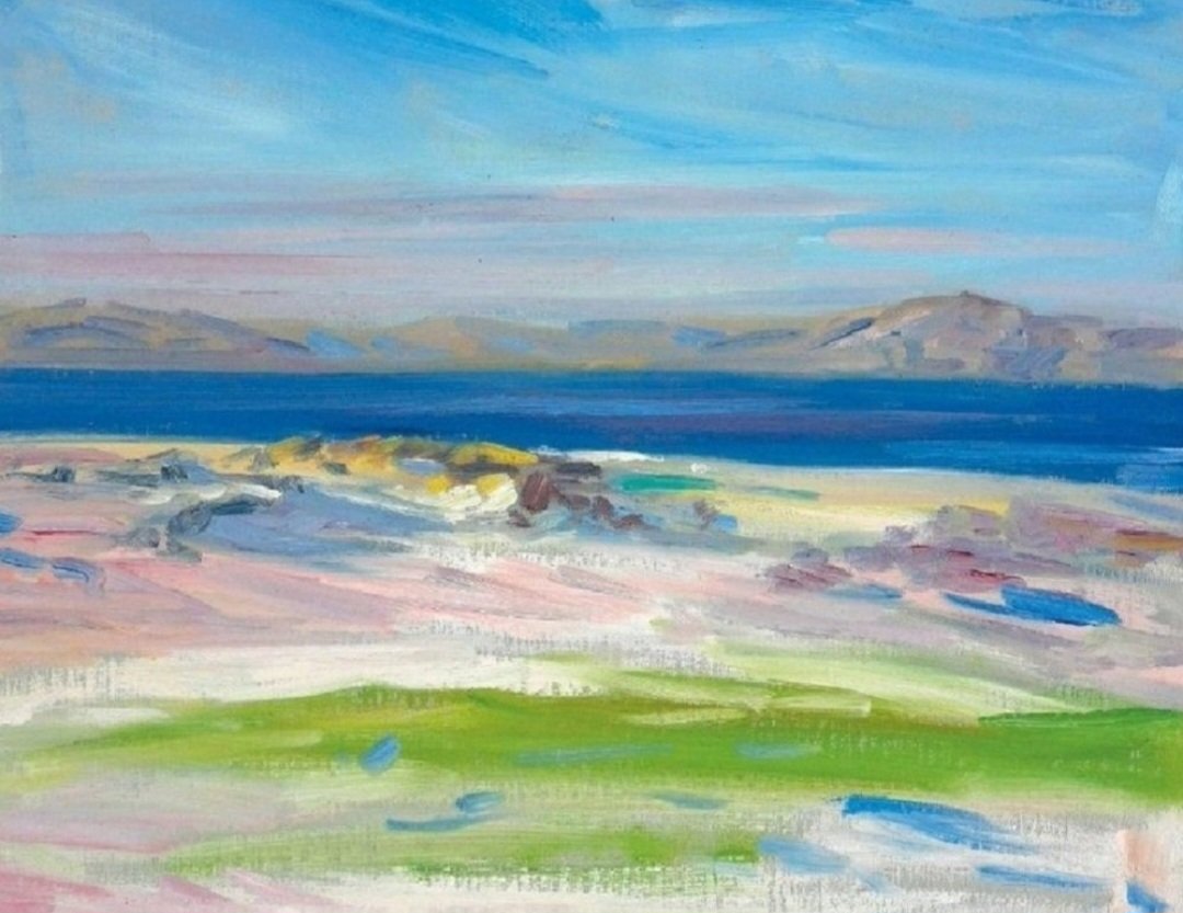 Samuel Peploe was first introduced to Iona in 1920 by his friend and fellow Scottish Colourist Francis Cadell, who had been visiting the island since 1912. They would return together almost every summer inspired by the light, white sand, and pink rocks - this work shows the