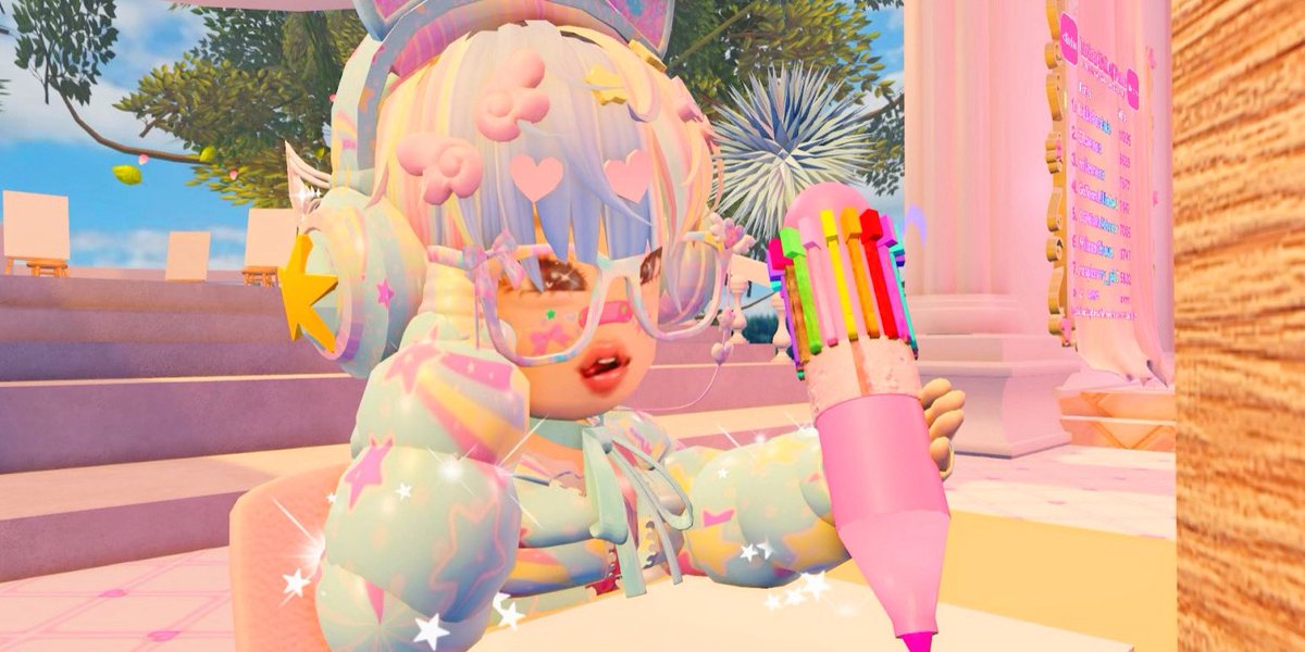 princechxrmingg's tweet photo. I haven’t really been active much on Twitter lately and I haven’t done a photoshoot in a really long time, so I decided to do a photo shoot with a newly created oc!⭐️ I wonder what Colby is writing on the 4th picture!😳💛🩷💜🩵 #RoyaleHigh #RH #Roblox #RobloxRH #announcement https://t.co/vxZbb6DrZz