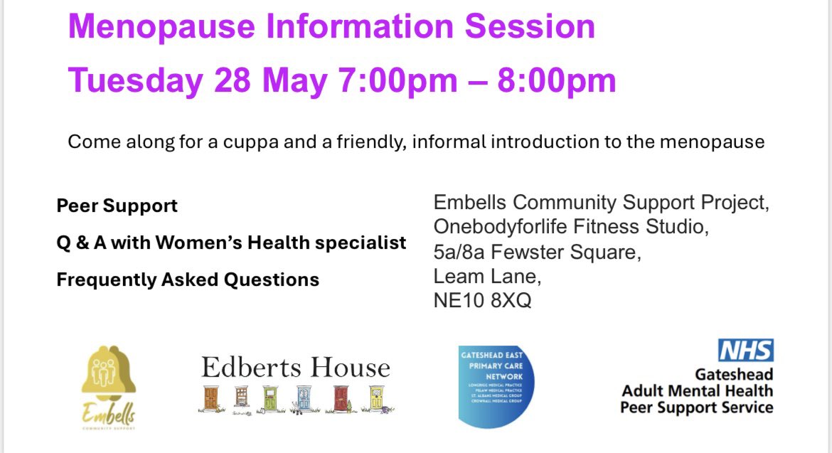 Excited to be working in partnership with a fantastic group of community support organisations to run a #menopause cafe in East #Gateshead run by health specialists. Come along and join us first session starts Tuesday 28th May 7pm - 8pm, Leam Lane, Gateshead. #support #wellbeing