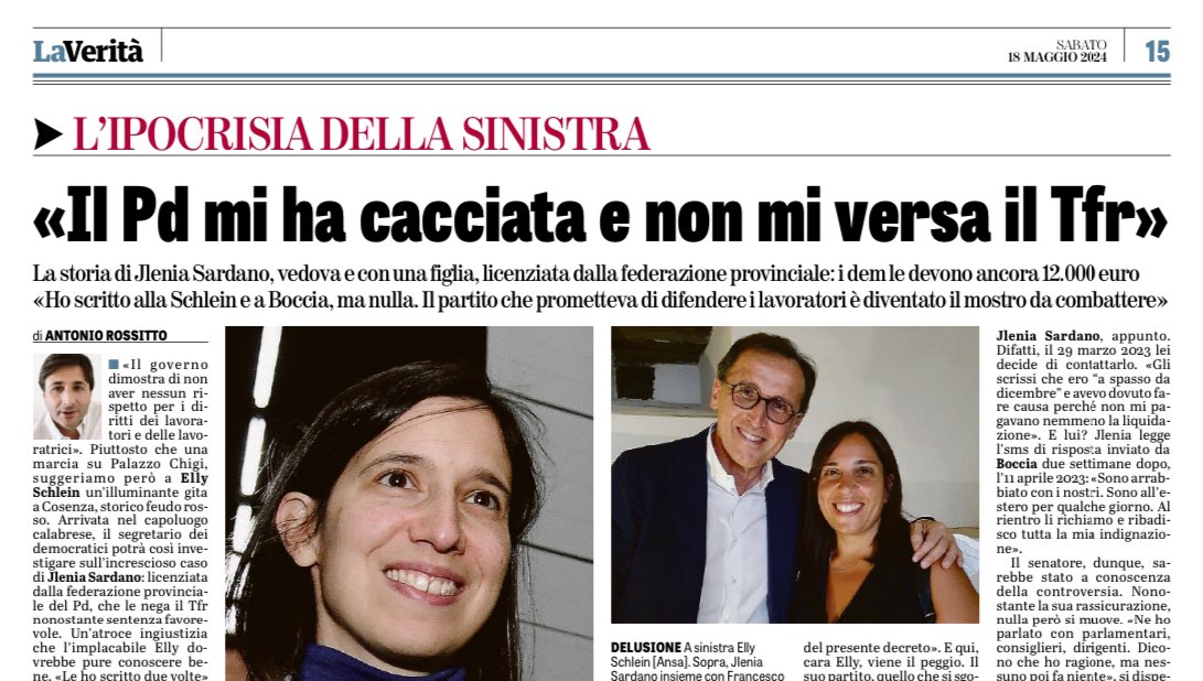 Jlenia Sardano, vedova e madre di un bambino di 2 anni, è stata licenziata dalla federazione provinciale del #Pd di Cosenza. Ha lavorato 15 anni per il Pd, prima IN NERO e poi assunta a tempo indeterminato. Non ha percepito alcuni stipendi e il Trattamento di Fine Rapporto.