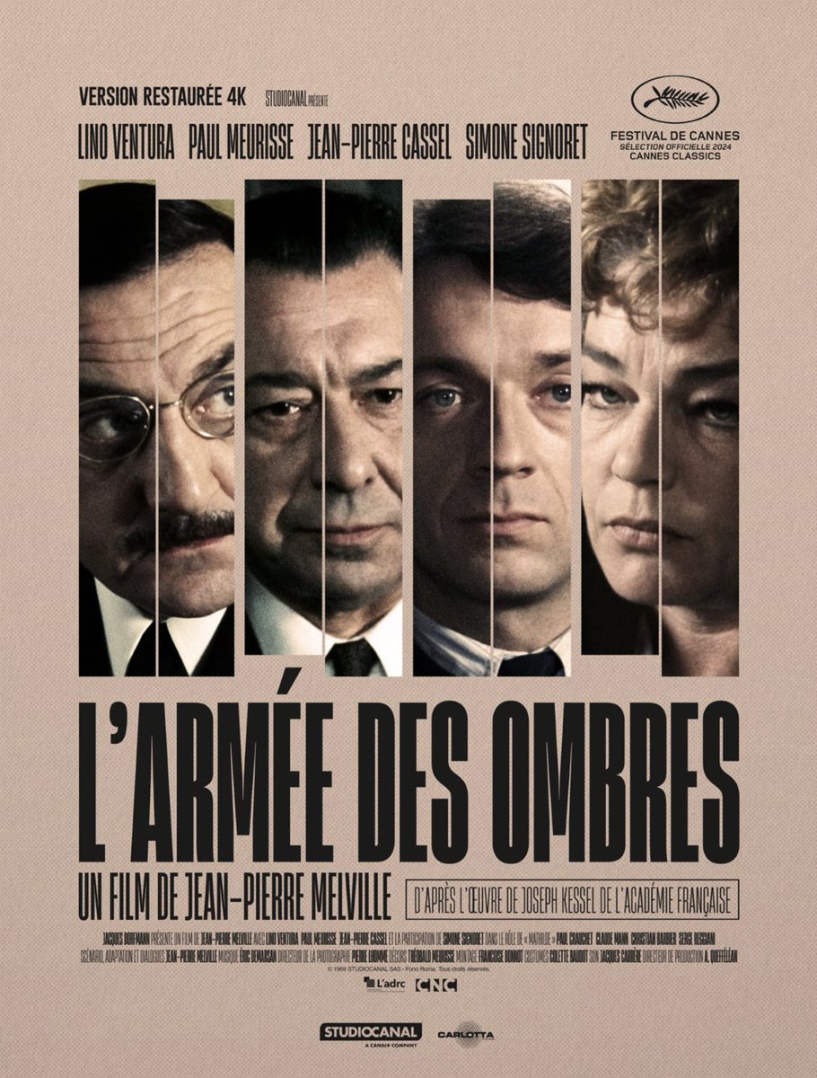 L’ARMÉE DES OMBRES, l’immense film sur la résistance de Jean-Pierre Melville, est projeté ce jour au festival de #Cannes2024 dans une version restaurée 4K qui sortira en salles le 5 juin. Inoubliable casting : Lino Ventura, Paul Meurisse, Jean-Pierre Cassel et Simone Signoret.