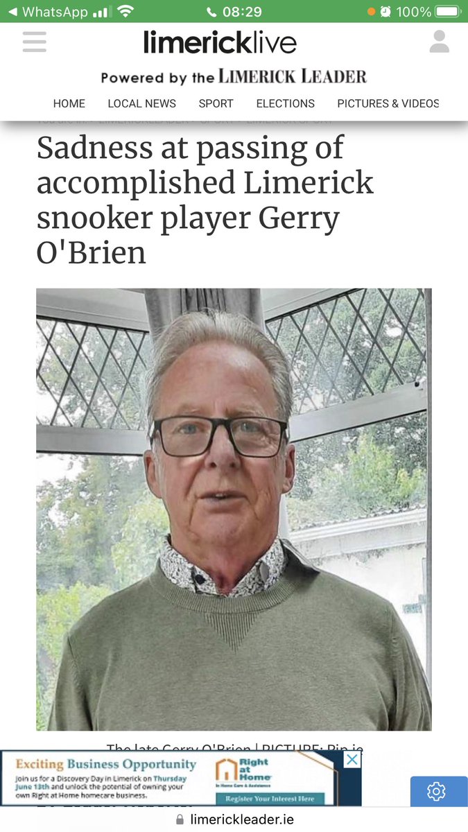 Sorry to hear the passing of Gerry O Brien from Limerick,a wonderful snooker player I played with as an amateur around the Irish circuit.We also played international together representing Ireland at the Home International Championship back in 1988. RIP Gerry 🙏
