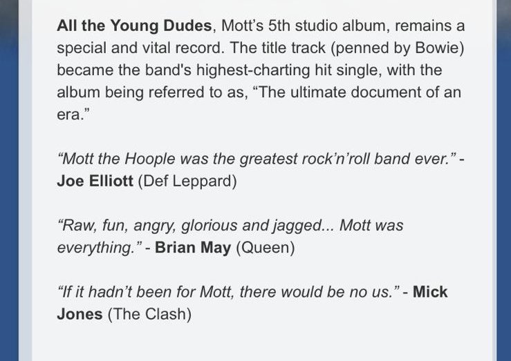 @FatOldAnarchist I know what you mean. But here we are, and I am loving this quote on #MickJonesSaturday! 

“If it hadn’t been for Mott, there would be no us” Mick Jones.