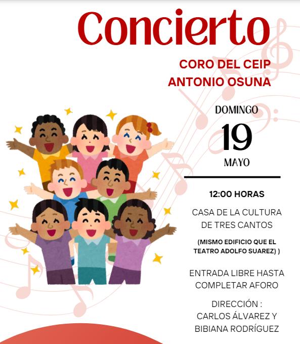 AMPAOsuna's tweet photo. ¿Te contamos el mejor plan para este domingo en #TresCantos?

El coro de @ceipantoniosuna nos deleitará con un concierto a todo pulmón 🌈💘🎤🎵🎶

¡Te esperamos! https://t.co/azwLZHecYC