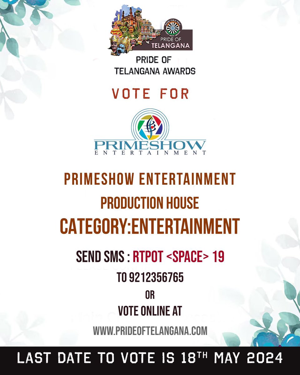 Every vote counts, including yours 🤗 Proud to be nominated for 'Pride of Telangana Awards 2024' in Entertainment category ❤️‍🔥 To Vote for #PrimeshowEntertainment Click on the link below 👇🏻 - prideoftelangana.com/show-candidate… Or Send SMS : RTPOT <SPACE> 19 to 9212356765