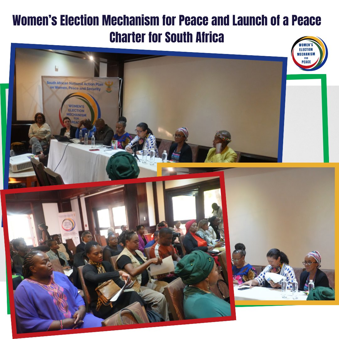 Cheryl Hendricks, IJR; Naphtaly Sekamogeng @EISAfrica; Mmabatho Ramagoshi & Thoko Mpumlwana Special Envoys for #WEMP ; Moses Pitso, IEC @IECSouthAfrica addressed media at a briefing in Pretoria on the Women’s Election Mechanism for Peace & launch of a #PeaceCharter for SA