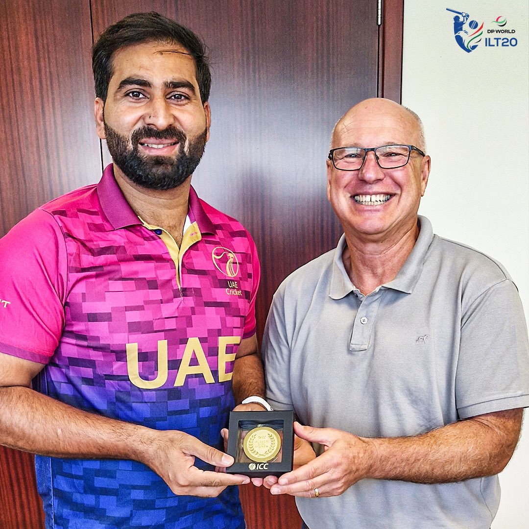The UAE and MI Emirates superstar Muhammad Waseem poses with his ICC Player of the Month (April 2024) award alongside #DPWorldILT20 CEO, David White 🏆 Here's wishing Waseem continued success! 🙌 #AllInForCricket