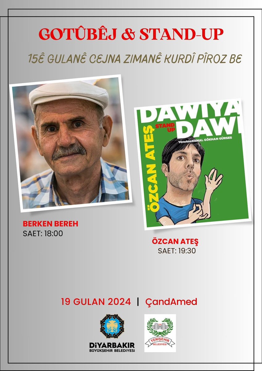 Em hemû gelê xwe vedixwînin bernameya Gotûbêj & Stand-upê. Cejna zimanê Kurdî pîroz be. 15 Mayıs Kürtçe Dil Bayramı Kutlu Olsun. Tüm halkımız Söyleşi-Stand-up gösterisine davetlidir.