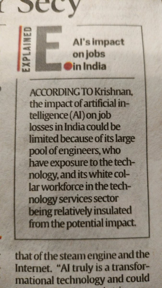 MEITY Secy's logic for why impact of AI on jobs in India will be limited is incorrect. AI most likely to replace low-end jobs such as coders and cust service reps. Reskilling can only go so far in absence of adequate new jobs

This requires serious thinking not glib dismissal