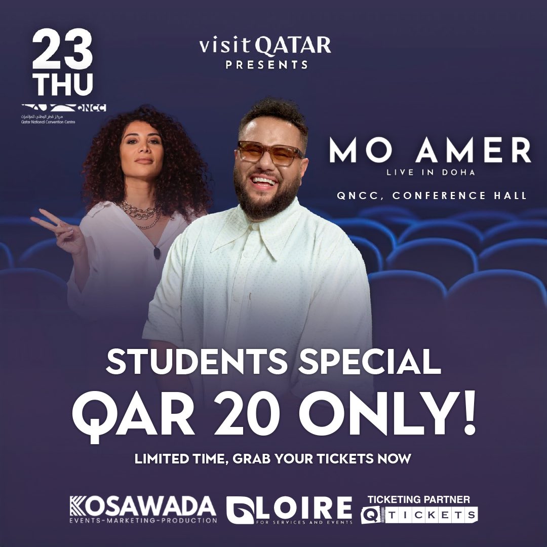 Hurry up and go watch the famous Arab American stand-up comedian Mo Amer for a SPECIAL DISCOUNT just for students!

💵 QAR20 (Limited Time)  
🗓 23rd May, 2024 
📍 QNCC

Tickets at q-tickets.com 

#MoAmer #StandupComedy #LiveComedy #ComedyQatar #QTickets
