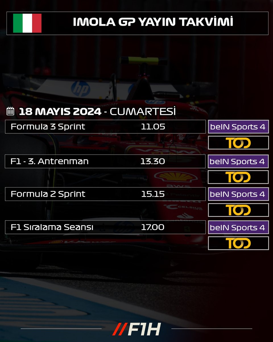 F1 Haberler (@f1haberler) on Twitter photo 🥳 Imola'da yoğun bir gün başlıyor. Günün yayın takvimi sizlerle...
💻 <a href="/beINSPORTS_TR/">beIN SPORTS Türkiye</a> -<a href="/tod_tr/">TOD Türkiye</a>
🗣️ <a href="/uygarkaraca/">Uygar Karaca</a> - <a href="/JasonlTahinci/">Jason Tahincioğlu</a>
🗣️ <a href="/keremkorkmazz23/">Kerem Korkmaz</a> - <a href="/cancarpicii/">Can Çarpıcı</a> 🥳 Imola'da yoğun bir gün başlıyor. Günün yayın takvimi sizlerle...
💻 <a href="/beINSPORTS_TR/">beIN SPORTS Türkiye</a> -<a href="/tod_tr/">TOD Türkiye</a>
🗣️ <a href="/uygarkaraca/">Uygar Karaca</a> - <a href="/JasonlTahinci/">Jason Tahincioğlu</a>
🗣️ <a href="/keremkorkmazz23/">Kerem Korkmaz</a> - <a href="/cancarpicii/">Can Çarpıcı</a>