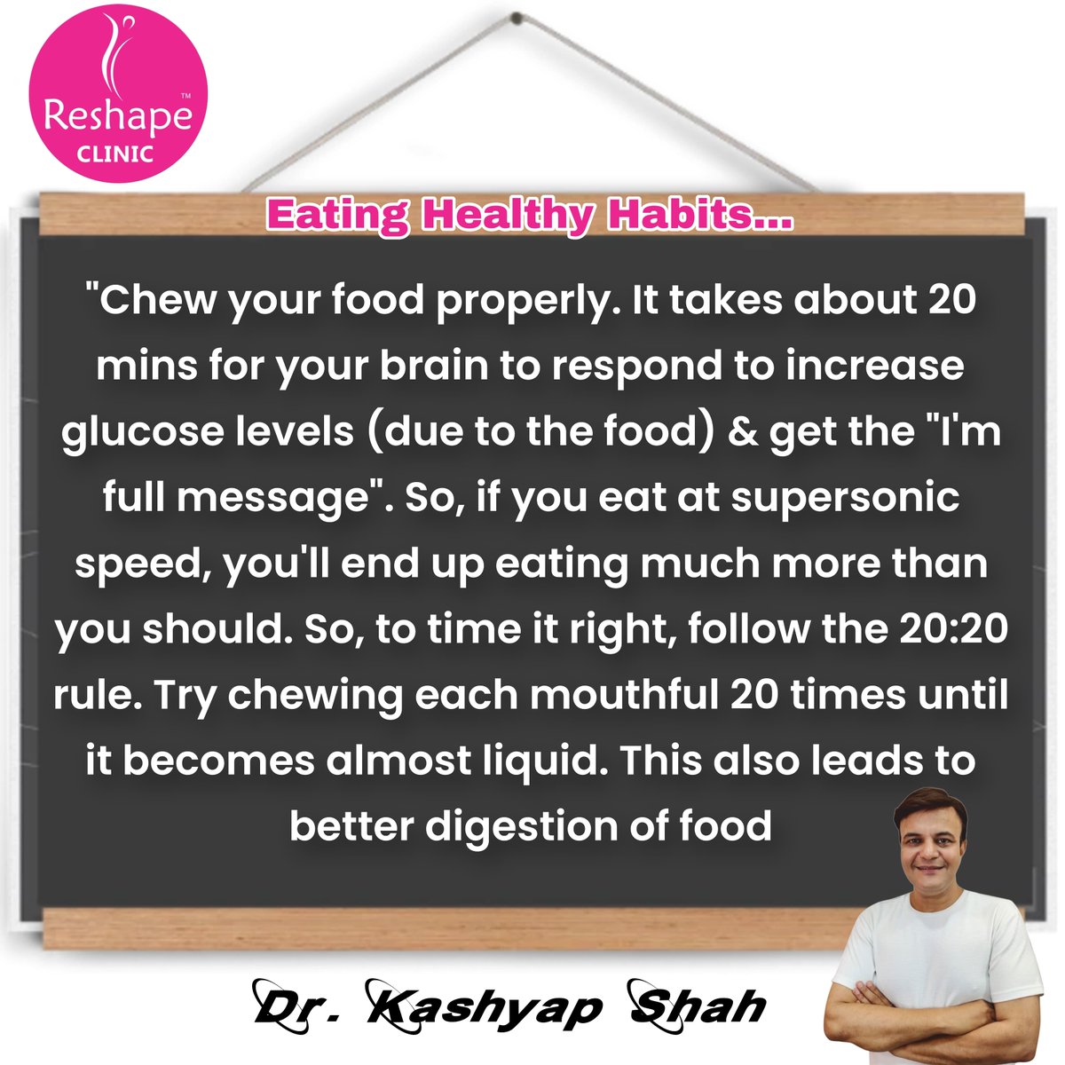 The 20-20-20 rule of eating is a strategy that focuses on mindful eating and portion control. It consists of three parts:

.
.
.
.
.
.
#EatMindfully #MindfulEating #HealthyEatingHabits #PortionControl #SlowDownAndSavor #reshapeclinic #drkashyapshah #20BiteRule #20MinuteMeals