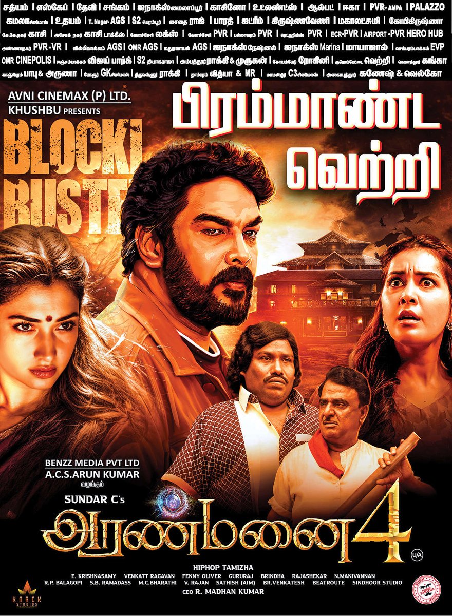 #Aranmanai4 🎬  Blockbuster Hit 👍

#SundarC @khushsundar @AvniCinemax @benzzmedia @tamannaahspeaks #RaashiKhanna @hiphoptamizha @suhansidh @ActorSanthosh @iYogiBabu @GarudaRaam @ksravikumardir @krishnasamy_e  @vichuviswanath  @gobeatroute