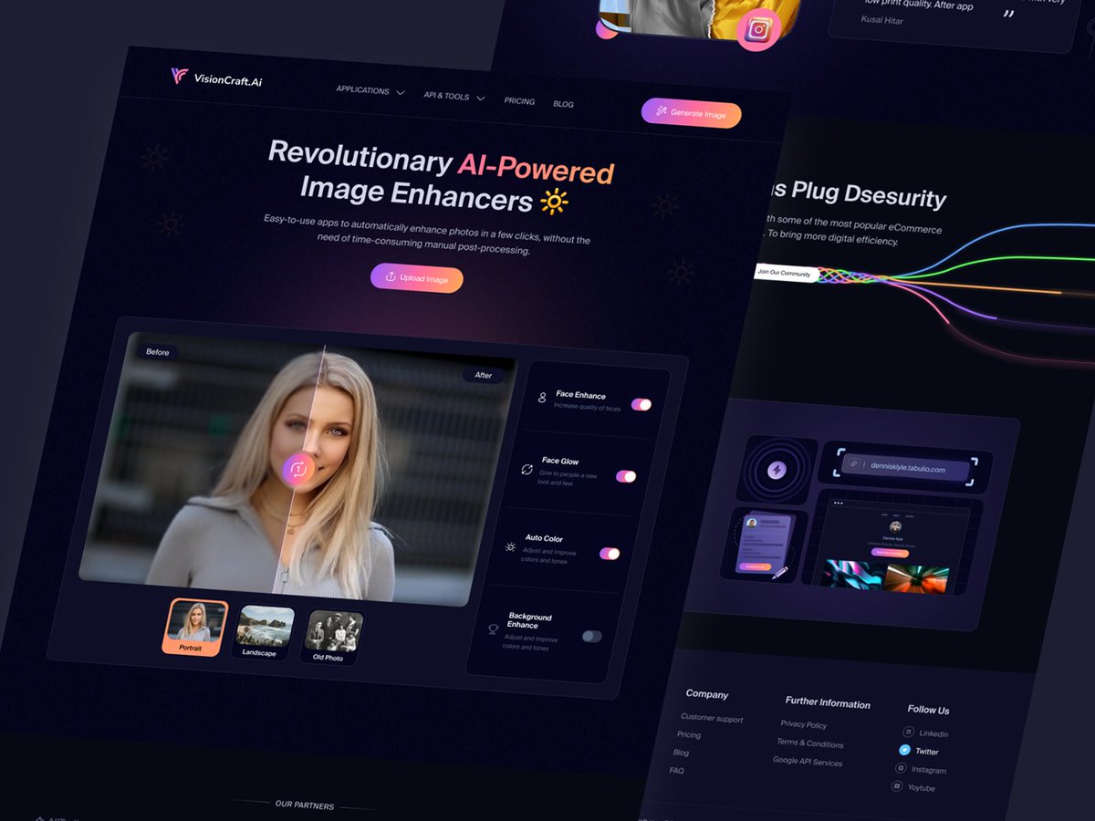 Photo Enhancer Website - VisionCraftAI

Take a look at their incredible accomplishments at elegen.co

Go to view full-page: Photo Enhancer Website - VisionCraftAI :: Behance

#Landingpage #Website #WebDesign #AIWebsite
 #UI/UX #ImageUpscaler #photoenhance #Editing