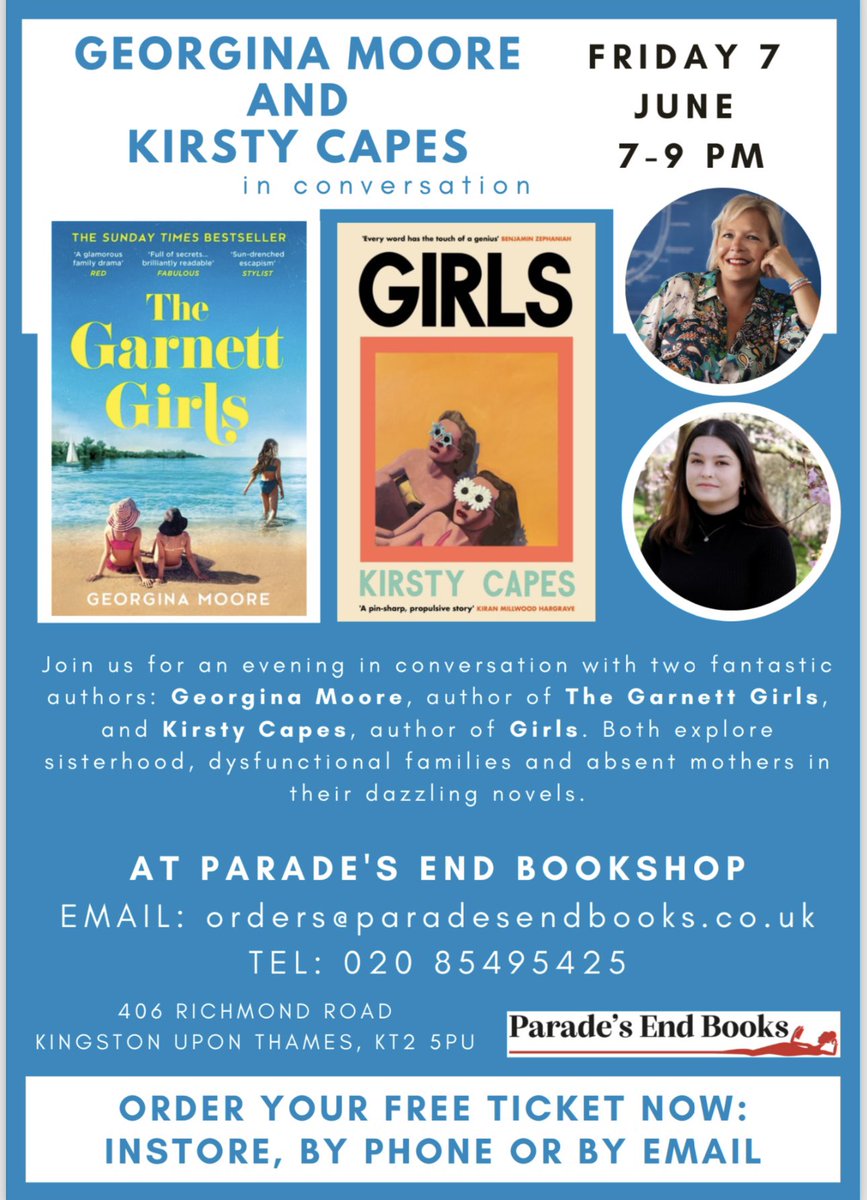 On 7th June I will be with amazing @kirstycapes at @paradesendbooks in Kingston 7pm. We will be taking about sisters, absent mothers & the emotional damage in families. Also what it is like to live in the shadow of charismatic parents. Can’t wait. I adored #TheGirls 👇