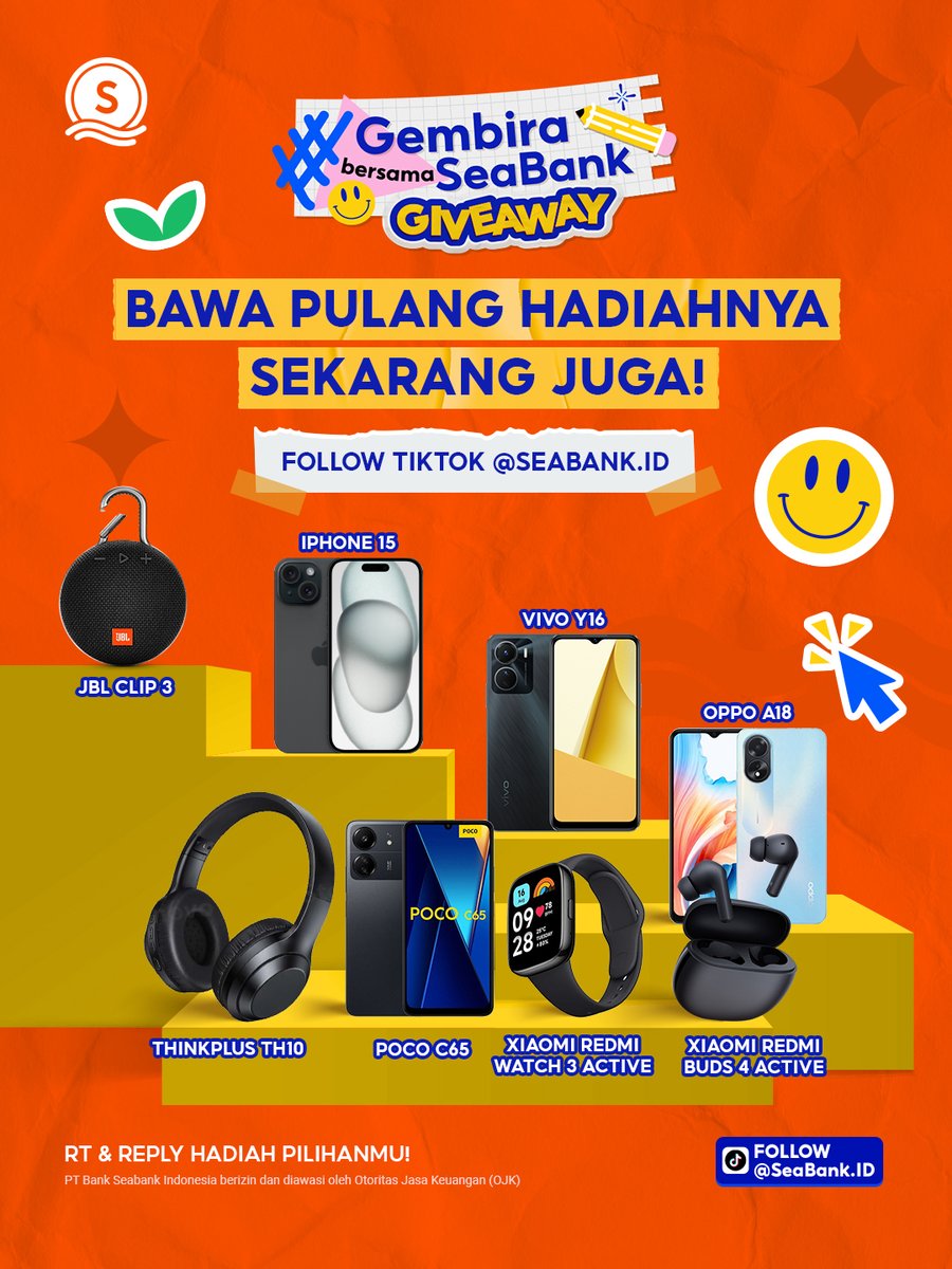 SeaBankID's tweet photo. 🏃‍♂️BAWA PULANG HADIAHNYA SEKARANG JUGA!🏃‍♂️

FOLLOW TikTok SeaBank dan jadilah yang beruntung buat menangin IPHONE 15 sampai OPPO A18!😱

RT &amp; REPLY hadiah pilihanmu sebanyak-banyaknya!💥

MENANGKAN di sini 👉 https://t.co/Spr0Z6syMR https://t.co/PikOu8Kl6a
