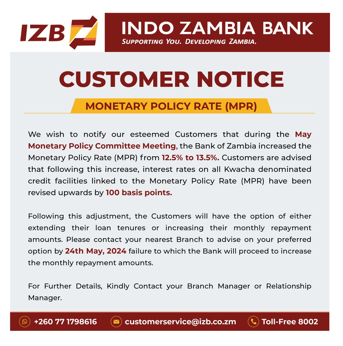 IndoZambiaBank's tweet photo. We wish to notify our esteemed customers that the Bank of Zambia has increased the Monetary Policy Rate (MPR) from 12.5% to 13.5%.

Contact your nearest branch for more details regarding your loan tenure or monthly loan payments.

#BankOfZambia #MonetaryPolicyRate #MPR2024 https://t.co/uJLONhZmwD