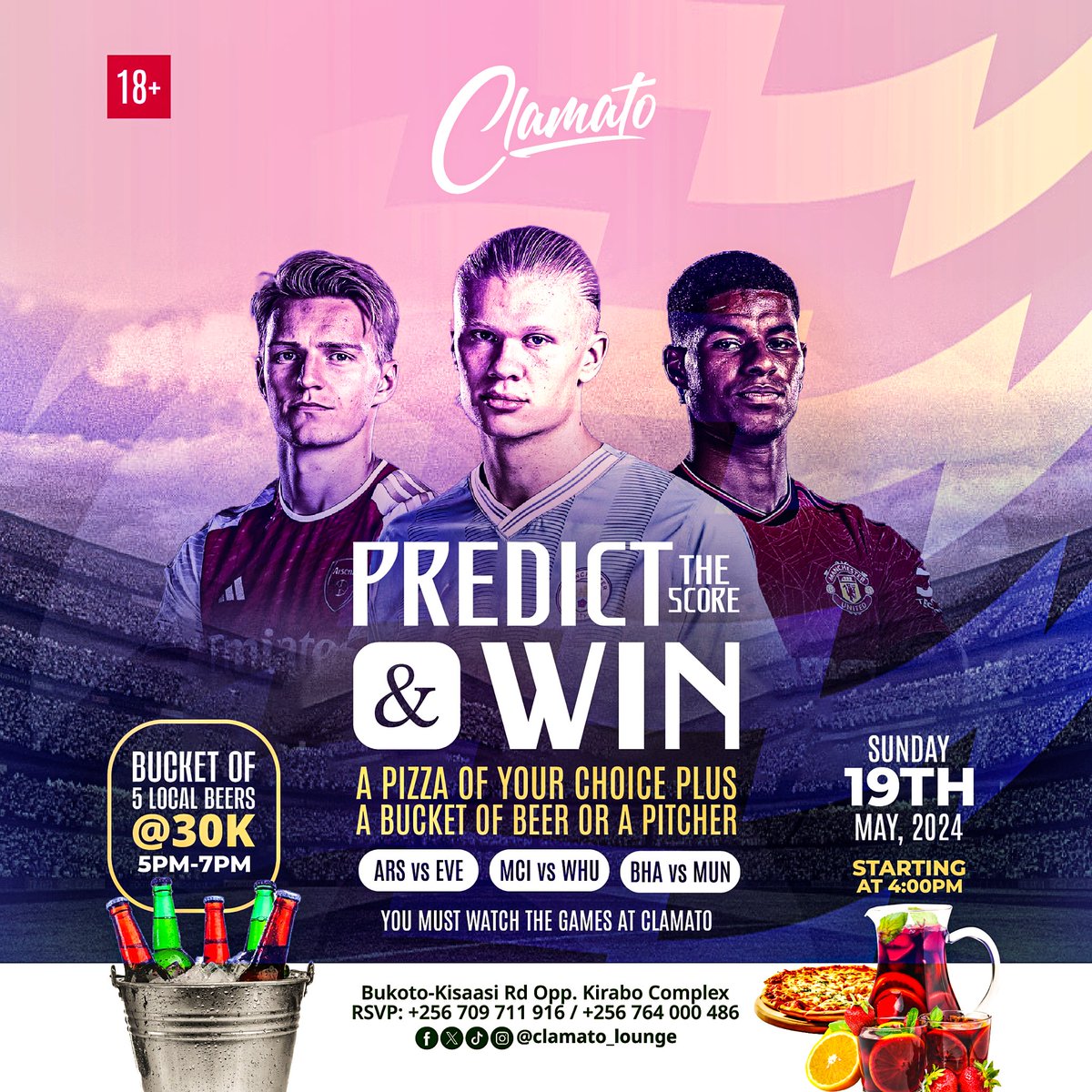 Predict The Score And Win! This EPL finale, you stand a chance to win Pizza with either a bucket of beers or a Pitcher. To participate, predict the scores of these games, ARS Vs EVERTON BRIGHTON Vs Man U MCI Vs WEST HAM Ps: Watch the games at Clamato to be rewarded ASAP.