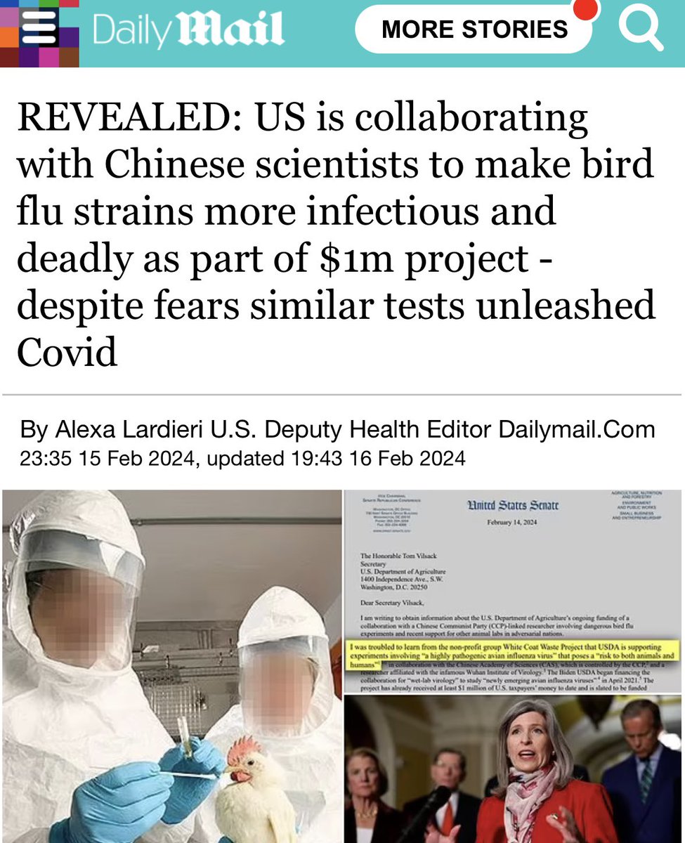 February 2024: “The US government is spending $1million of American taxpayer money to fund experiments on dangerous bird flu viruses in collaboration with Chinese scientists.“