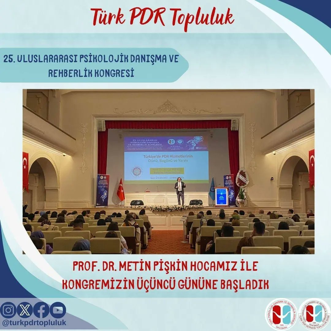 25. Uluslararası Psikolojik Danışma ve Rehberlik Kongresinin 3. gününe başladık. Konuşmacı: Prof. Dr. Metin Pişkin Konu: Türkiye'de PDR Hizmetlerinin Dünü, Bugünü, Yarını @turkpdrdernegi @mesutyldrm_pdr @akcesmehmet @ProfDrMPiskin @PFurkanden