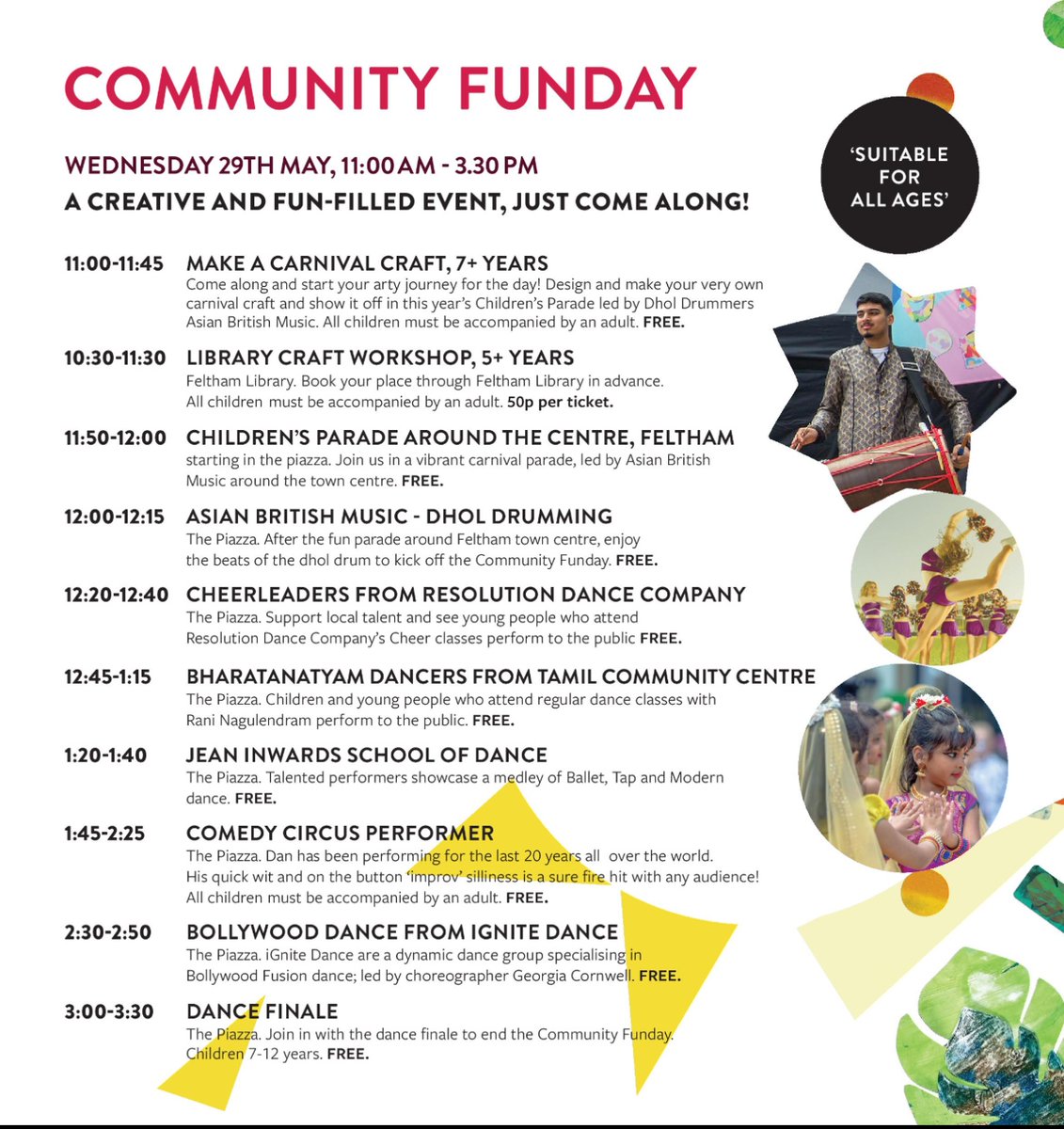 The Feltham Arts Community Funday is part of the Feltham Festival 2024! 
✨ Wednesday 29th May 
✨ 11am - 3.30pm 
✨ The Centre Feltham