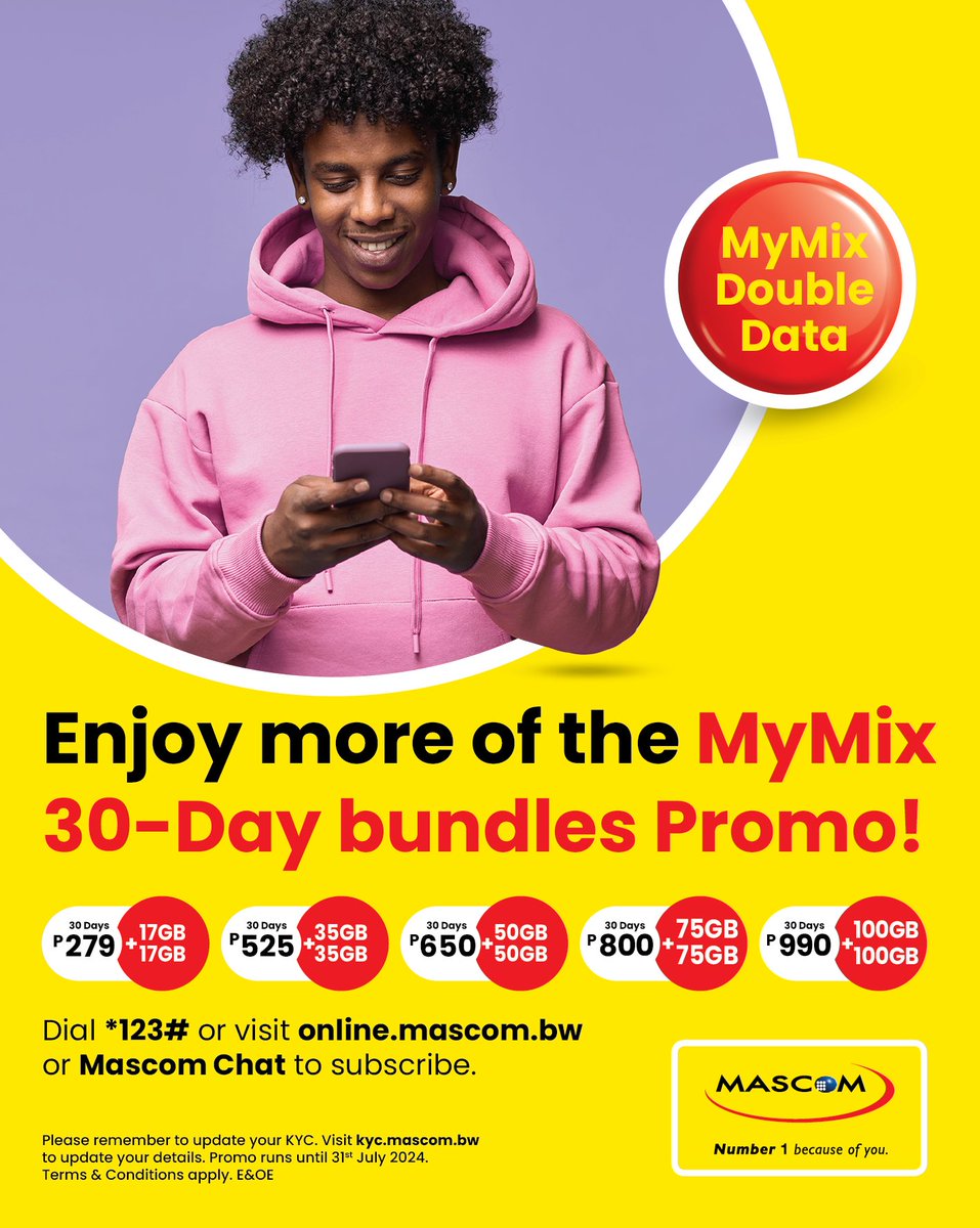 We've got great news! The MyMix Double Data promotion is extended! Enjoy boosted data, extended surfing time, and double the fun for even longer. Dial *123# or visit online.mascom.bw to subscribe. #MyMix #Number1BecauseOfYou