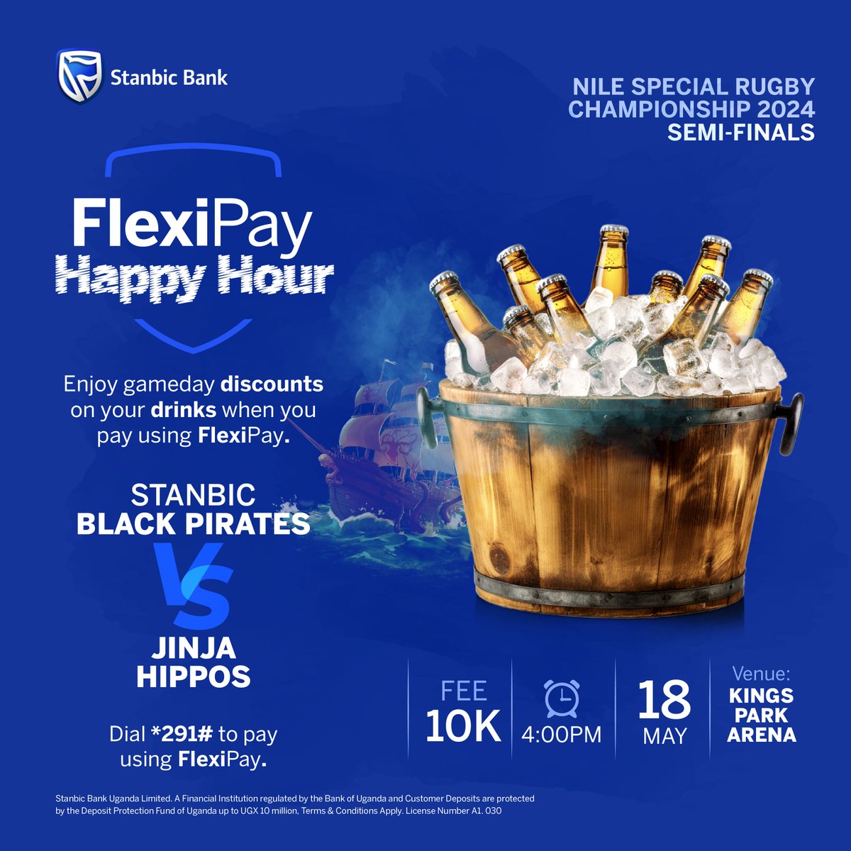 GameDay: Don't miss out on the action as the #StanbicPirates host the Jinja Hippos in the second semi-final fixture. •Dial *291# to register and buy your ticket via FlexiPay •Watch out for the happy hour discounts. #KikoleForLess with #FlexiPay