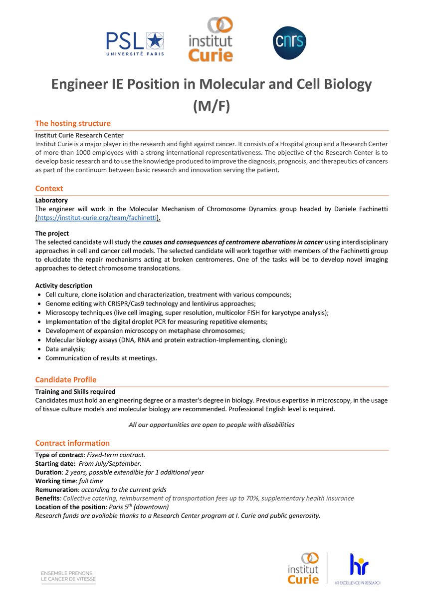 Our lab is looking for a technician/engineer to study the causes and consequences of centromere aberrations in cancer on a project supported by @WorldwideCancer See details attached. To apply please send your CV and cover letter (2 pages maximum). Please retweet
