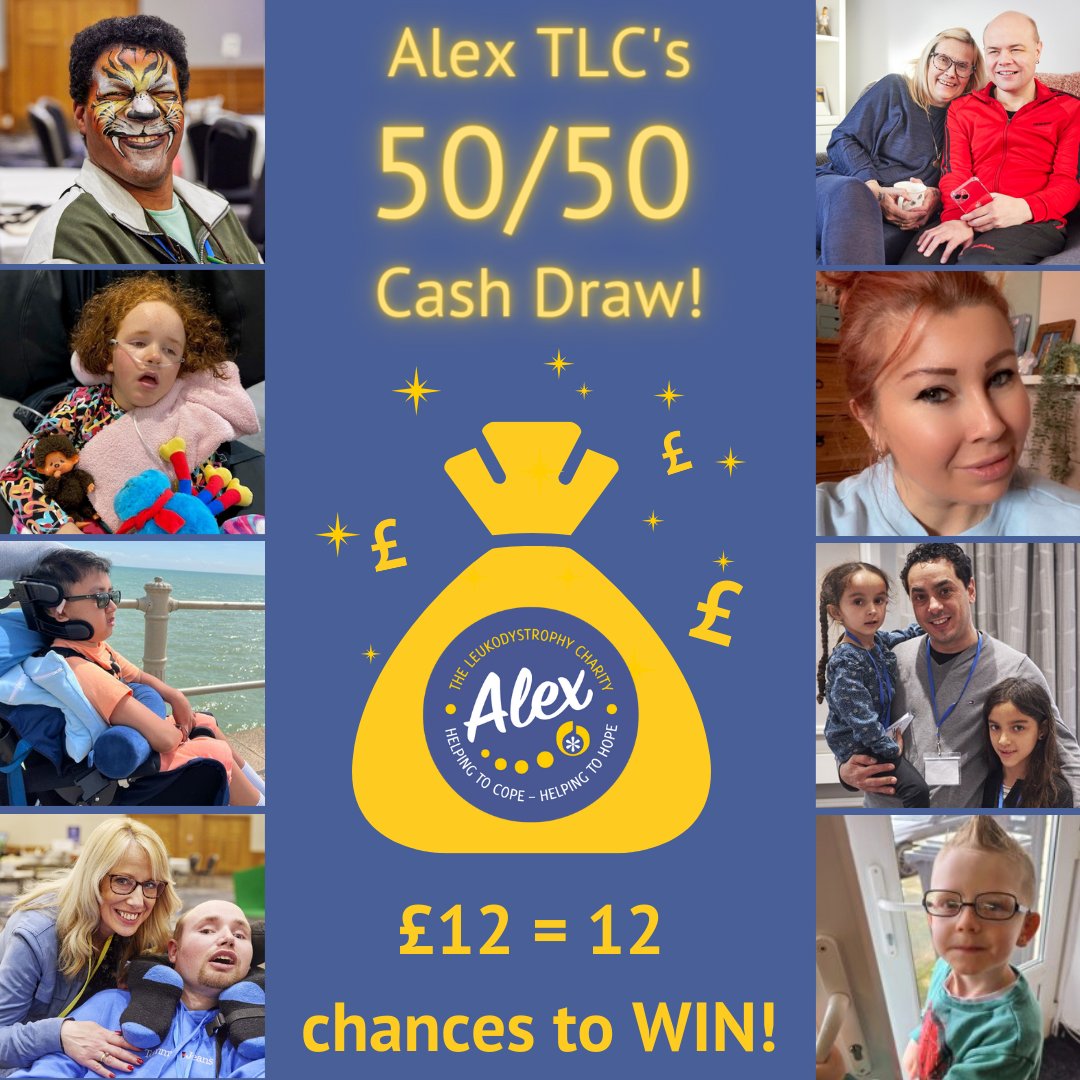 Enter our 50/50 #CashDraw, and you can be in with a chance of winning a #CashPrize each month! Just £12 gives you 12 chances to win for the next year! Our last winner won £61.50 and the prize pot increases with every new entry. alextlc.org/donate/5050-ca… #alextlc #charitydraw