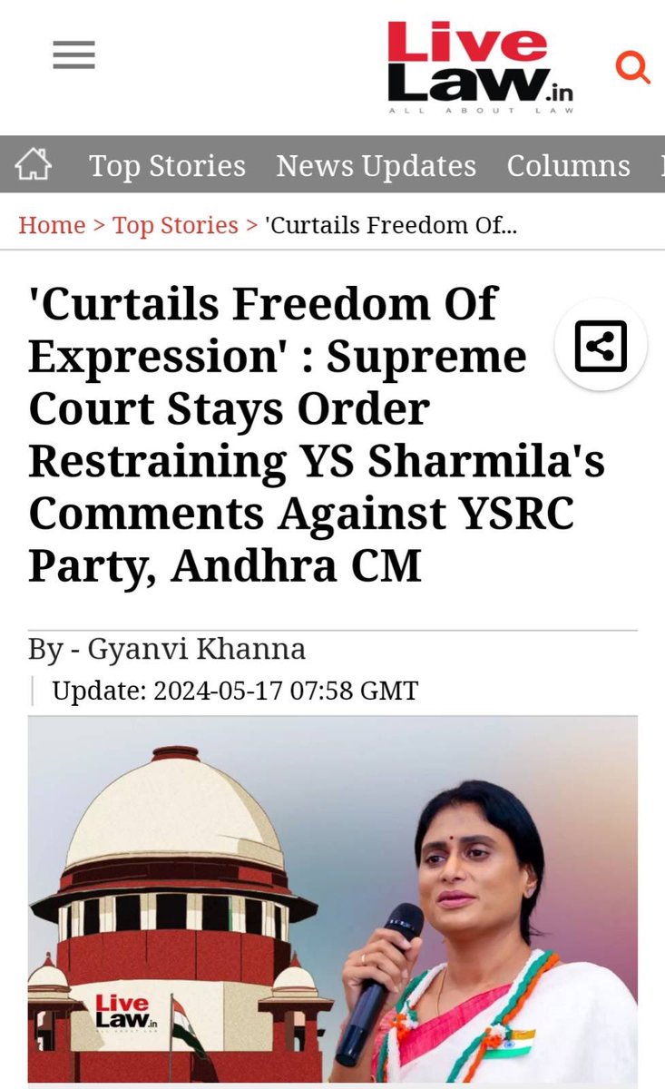 realyssharmila's tweet photo. దురాత్ముల నీచబుద్ధికి దిమ్మతిరిగేలా, మాడుపగిలేలా, వివేకానందరెడ్డి గారి హత్య విషయంలో నిన్న సుప్రీంకోర్టు స్టే ఇచ్చింది. భావప్రకటన స్వేచ్ఛపై ఈ రాక్షసమూక చేయబోయిన దాడిని తిప్పికొట్టి, ఎప్పటికైనా ధర్మపోరాటంలో చివరికి న్యాయమే గెలుస్తుందని నిన్న నిరూపణ అయ్యింది. అధికార బలాన్ని ఉపయోగించి, మూర్ఖత్వంతో ఇలాంటి చిల్లర కుట్రలు చేసేవారికి ఈ స్టే చెంపపెట్టు.    

ఈ విజయం తొలి అడుగు మాత్రమే. రాబోయే రోజుల్లో, వివేకకానంద రెడ్డి గారి కుటుంబానికి న్యాయం కోసం పోరాటం ఉధృతం చేస్తాము. చిట్టచివరిగా విజయం, నిజం, న్యాయం వైపే ఉంటాయని చూపిస్తాం.