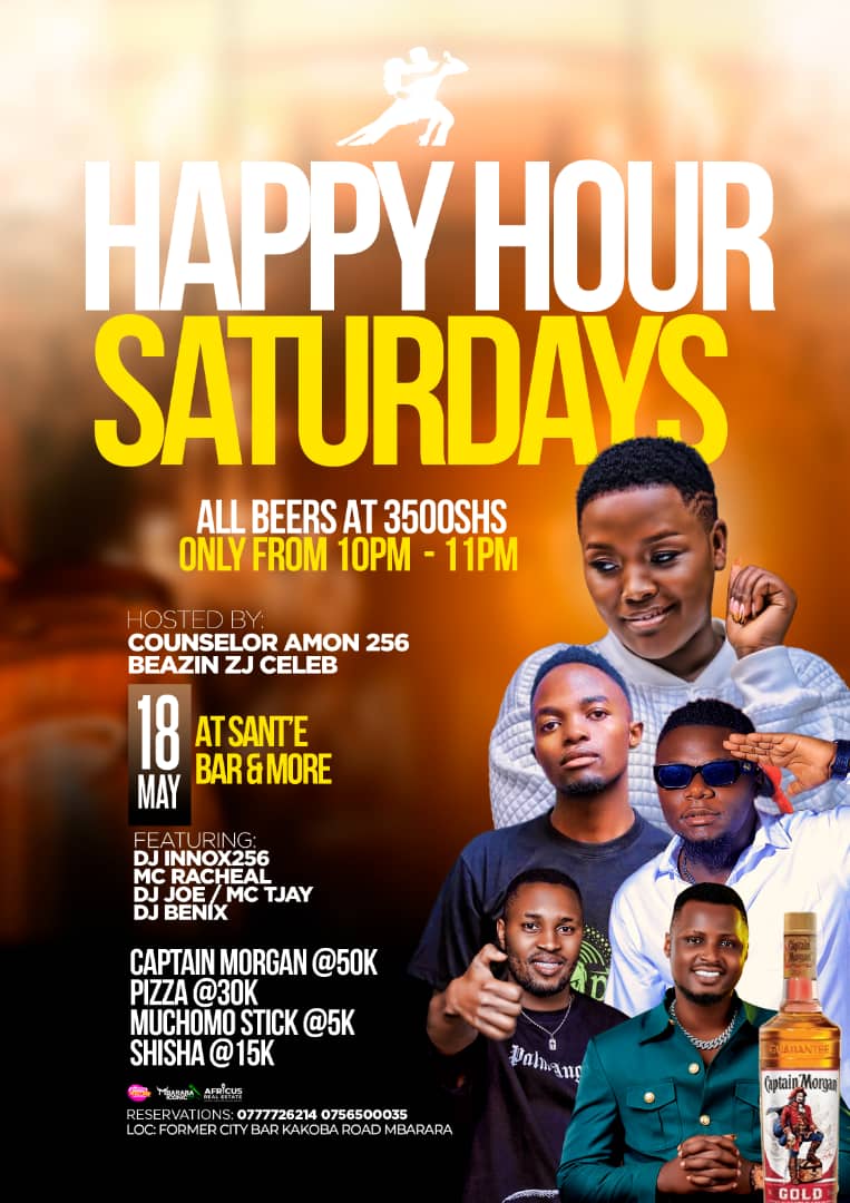 Join us tonight at Sant'e Bar And More, Mbarara for all beers at 3500Shs only from 10pm - 11pm. Don't miss out on this amazing deal! #HappyHourSaturdays. Get ready to have a great time and enjoy some discounted beer! 🥳🍻