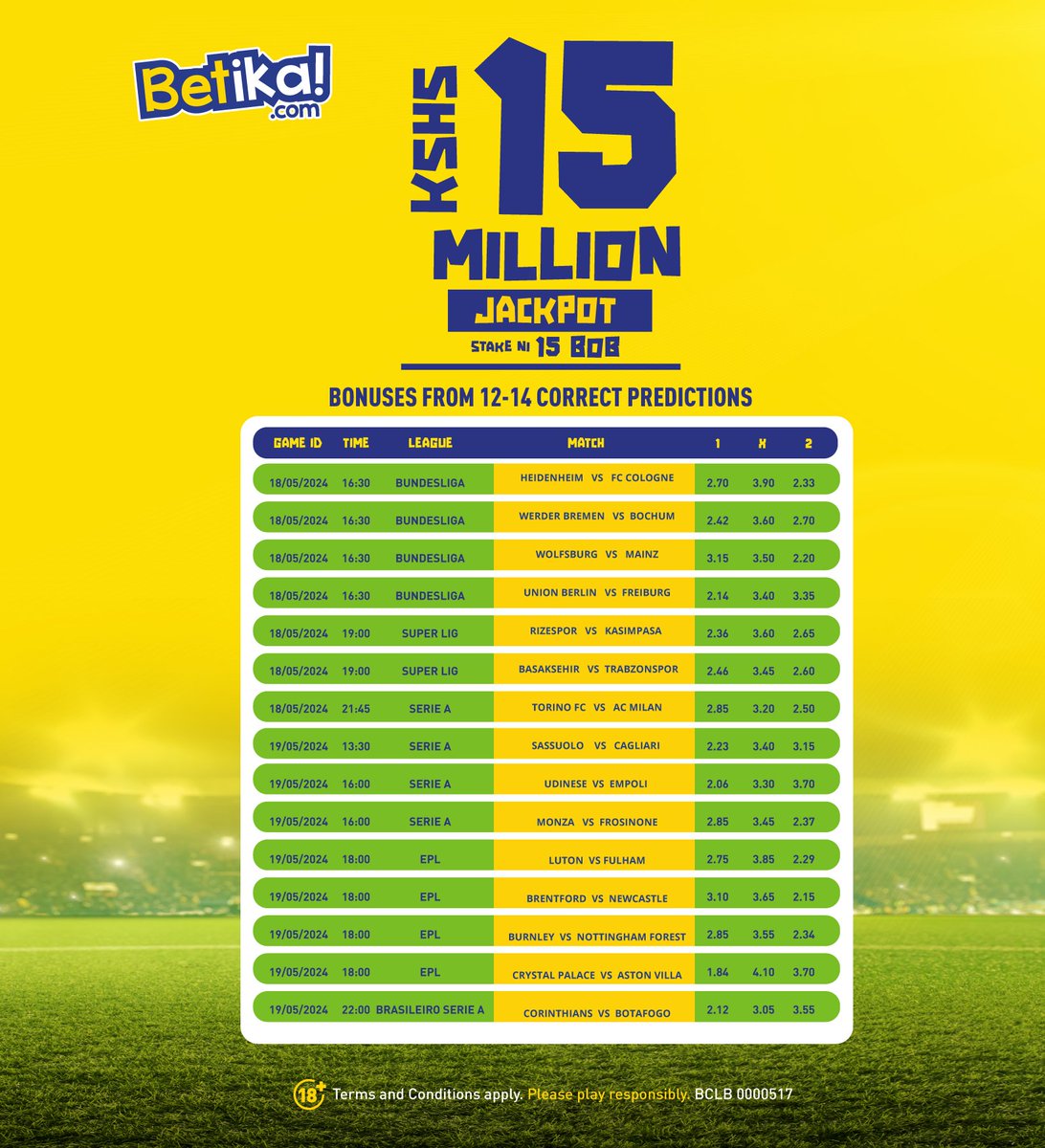 Hallo hallooo👋🏽 Nganya iki-kam unadrop kila kitu na kuingia runway ya kunyakua 15M! Wekelea 1️⃣5️⃣BOB ONLY pale bit.ly/3Fzjfft ushuke na CASH BONUSES ukiget 12-14 correct predictions! Pia unaweza shoot shot yako na combi ya up to 5 games! Twende kazii💪🏾