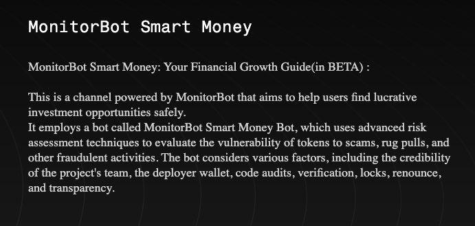 🚀 Introducing #MonitorBot Smart Money

🔍 Find safe, lucrative investment opportunities with our advanced risk assessment bot.

🤖 Evaluate token vulnerabilities to scams, rug pulls, and fraud.

💡 Consider project team credibility, deployer wallet, code audits, and more.
#TGbot