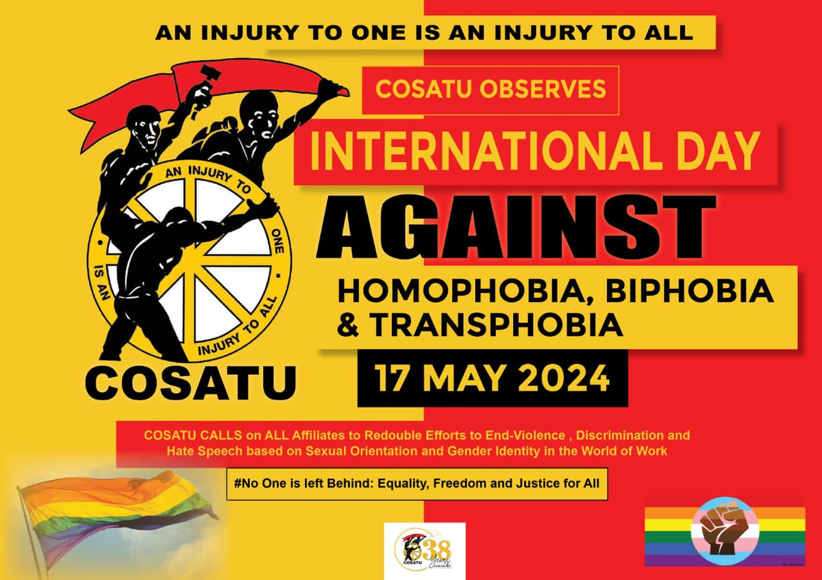 Dear #Shopstewards: At every workplace, no worker may be subjected to discrimination and we affirm our support for LGBTI+ members during their working lives. No comrade should be left behind in our fight for equality, justice, and freedom for all. Down with #Homophobia, #Biphobia