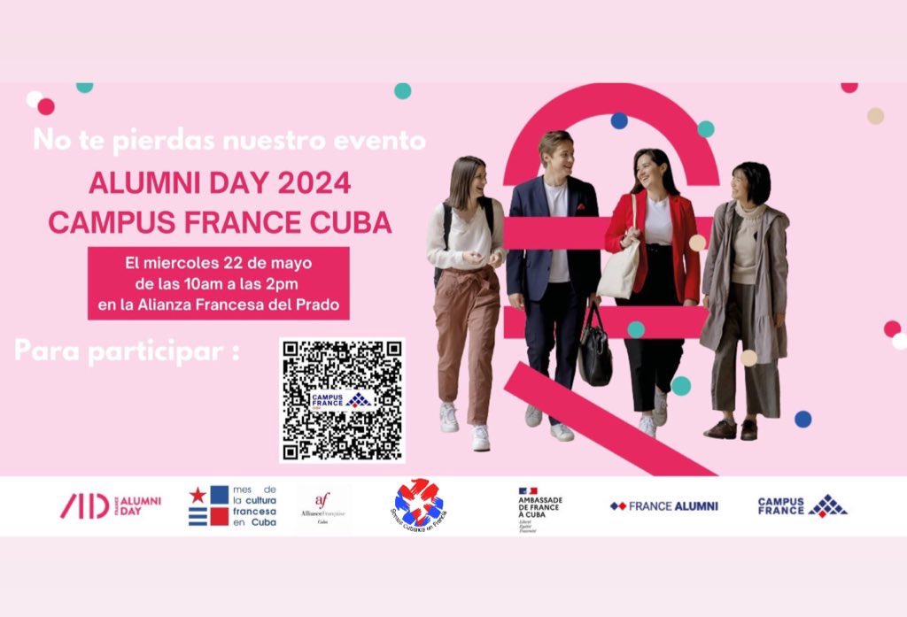Notre Association Somos Cubanos en Francia🇨🇺🇫🇷, en partenariat avec CAMPUS FRANCE CUBA @CampusFrance, vous invite à l'événement #AlumniDay2024 qui se tiendra à la @CubaAF ce 22 mai à 10h00. 
Ne le manquez pas !😀 
@FranceACuba @FranceAlumni 

Scannez le code QRℹ️