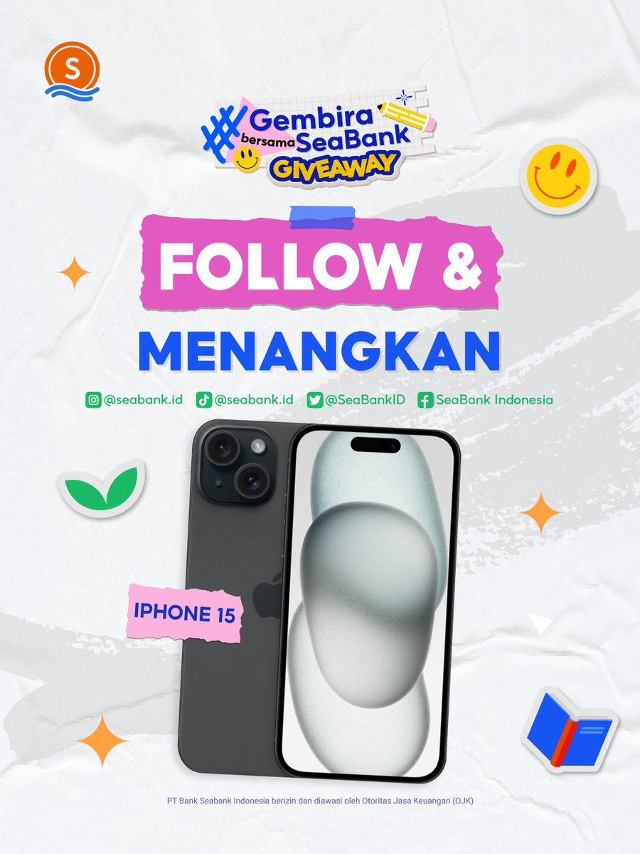 SeaBankID's tweet image. 🎉HADIAH BARU: IPHONE 15🎉
FOLLOW &amp;amp; MENANGKAN!

Caranya cuma:
1. FOLLOW &amp;amp; LIKE semua Sosmed SeaBank
2. RT &amp;amp; REPLY "#GembiraBersamaSeaBank" serta username semua Sosmedmu

Info lebih lengkap cek di sini 👉 instagram.com/seabank.id/