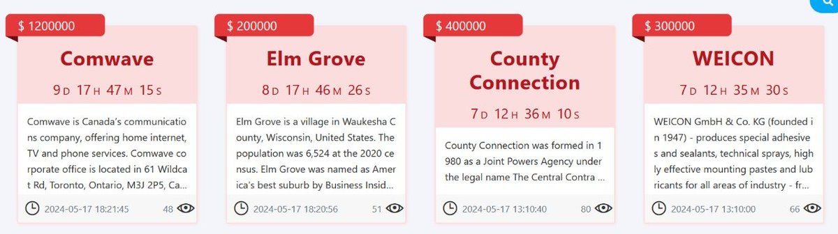 MEDUSA #ransomware group has added 4 new victims to their #darkweb portal. - Comwave 🇨🇦 - Elm Grove 🇺🇸 - County Connection 🇺🇸 - Weicon 🇩🇪 #Canada #USA #Germany #medusa #cyberattack #databreach #cti