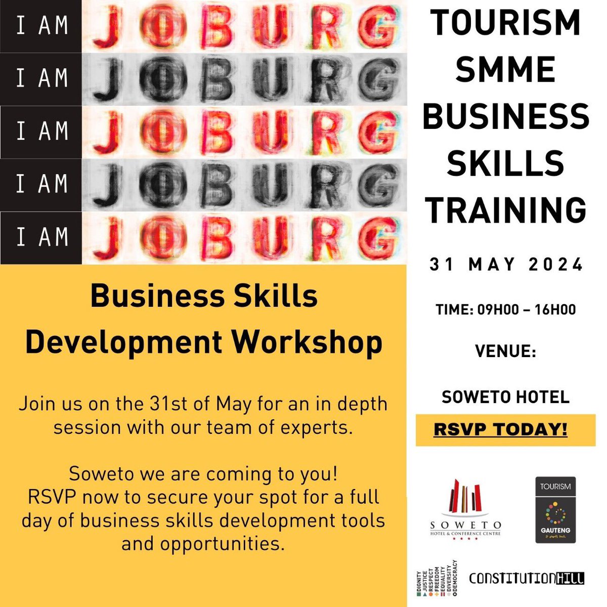 Soweto! We are coming to you! Register for the IAMJOBURG Tourism SMME Business Skills Development Workshop on the 31st of May at the Soweto Hotel. Space is limited, register now: forms.gle/HGE3bh1PgYcCFv… #IAMJOBURG #ILoveGauteng #TourismStrong