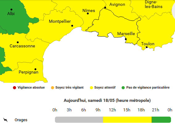 #METEO13 | 🟡Samedi 18 mai @VigiMeteoFrance place les #BouchesDuRhone en vigilance jaune pour #orages partir de 10h et jusqu’en soirée. Prudence lors de vos activités sensibles au risque météo. Les prévisions vigimeteo.com/fr/bouches-du-…